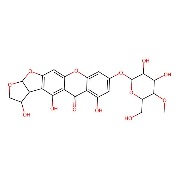 2D Structure of (4R,5S,8R)-16-[(2R,3R,4R,5S,6R)-3,4-dihydroxy-6-(hydroxymethyl)-5-methoxyoxan-2-yl]oxy-2,5,18-trihydroxy-7,9,13-trioxapentacyclo[10.8.0.03,10.04,8.014,19]icosa-1,3(10),11,14,16,18-hexaen-20-one