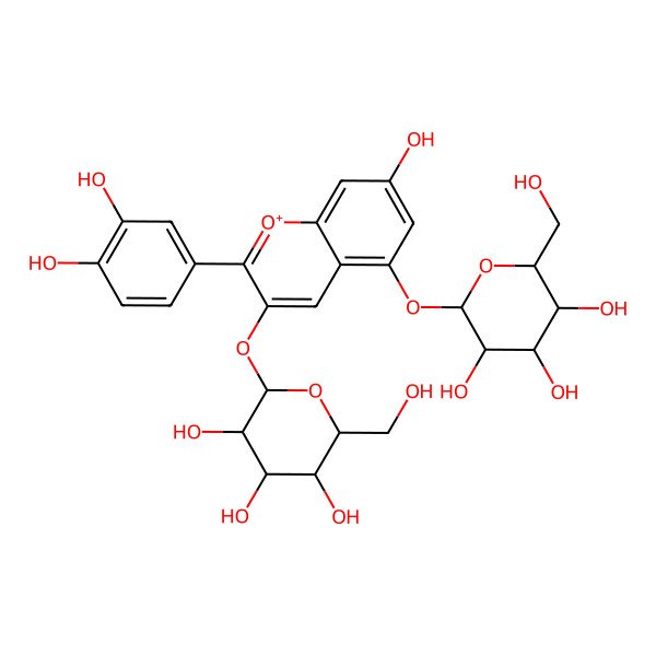 2D Structure of (2S,3R,4S,5S,6S)-2-[2-(3,4-dihydroxyphenyl)-7-hydroxy-3-[(2S,3R,4R,5S,6S)-3,4,5-trihydroxy-6-(hydroxymethyl)oxan-2-yl]oxychromenylium-5-yl]oxy-6-(hydroxymethyl)oxane-3,4,5-triol