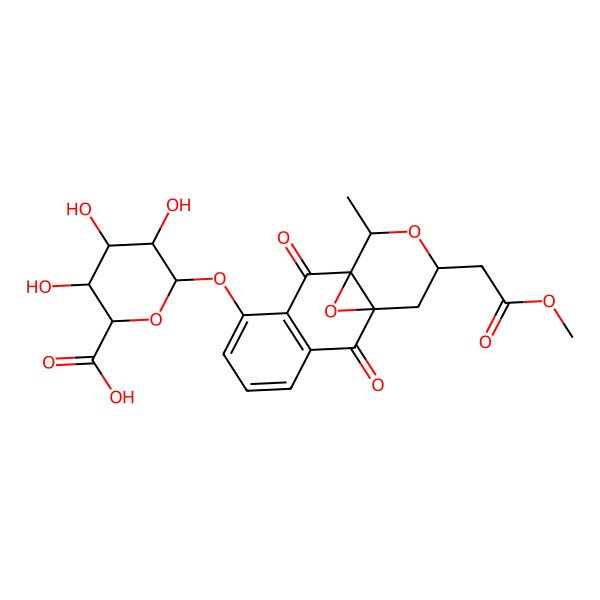 2D Structure of 3,4,5-Trihydroxy-6-[[13-(2-methoxy-2-oxoethyl)-11-methyl-2,9-dioxo-12,15-dioxatetracyclo[8.4.1.01,10.03,8]pentadeca-3(8),4,6-trien-7-yl]oxy]oxane-2-carboxylic acid