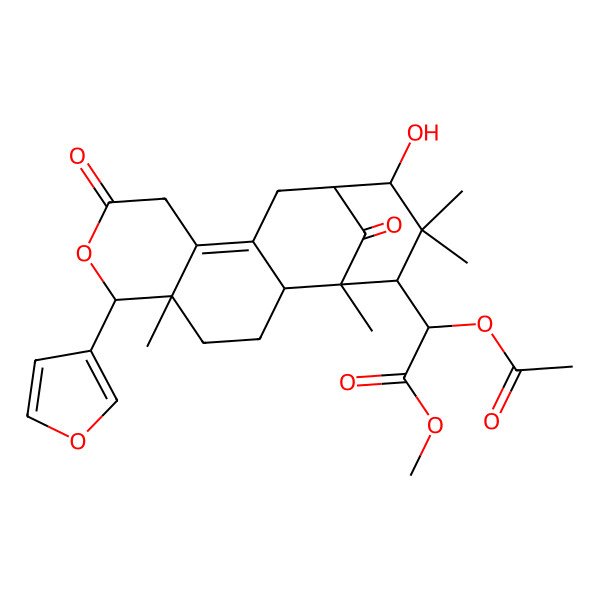 2D Structure of Methyl 2-acetyloxy-2-[6-(furan-3-yl)-14-hydroxy-1,5,15,15-tetramethyl-8,17-dioxo-7-oxatetracyclo[11.3.1.02,11.05,10]heptadec-10-en-16-yl]acetate