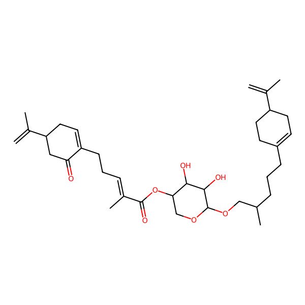 2D Structure of [(3R,4R,5R,6R)-4,5-dihydroxy-6-[(2R)-2-methyl-5-[(4R)-4-prop-1-en-2-ylcyclohexen-1-yl]pentoxy]oxan-3-yl] (E)-2-methyl-5-[(4R)-6-oxo-4-prop-1-en-2-ylcyclohexen-1-yl]pent-2-enoate