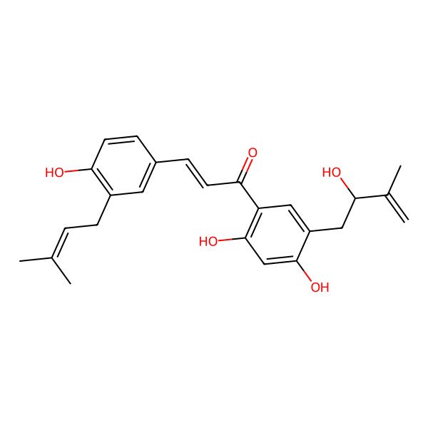 2D Structure of (E)-1-[2,4-dihydroxy-5-[(2R)-2-hydroxy-3-methylbut-3-enyl]phenyl]-3-[4-hydroxy-3-(3-methylbut-2-enyl)phenyl]prop-2-en-1-one
