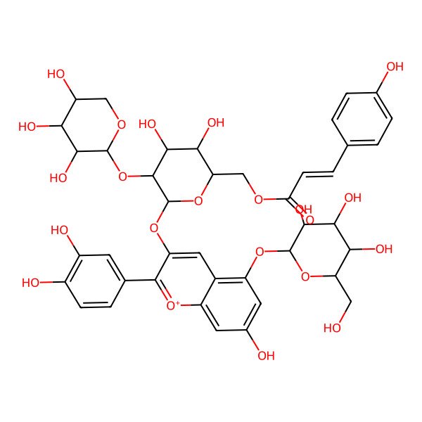 2D Structure of [(2R,3S,4S,5R,6S)-6-[2-(3,4-dihydroxyphenyl)-7-hydroxy-5-[(2S,3R,4S,5S,6R)-3,4,5-trihydroxy-6-(hydroxymethyl)oxan-2-yl]oxychromenylium-3-yl]oxy-3,4-dihydroxy-5-[(2R,3R,4R,5S)-3,4,5-trihydroxyoxan-2-yl]oxyoxan-2-yl]methyl 3-(4-hydroxyphenyl)prop-2-enoate