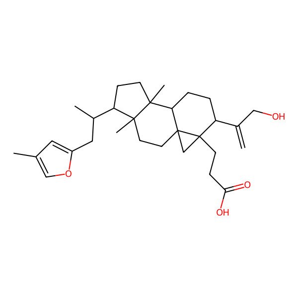 2D Structure of 3-[(1S,4R,5R,8S,9S,12R,13R)-12-(3-hydroxyprop-1-en-2-yl)-4,8-dimethyl-5-[(2R)-1-(4-methylfuran-2-yl)propan-2-yl]-13-tetracyclo[7.5.0.01,13.04,8]tetradecanyl]propanoic acid