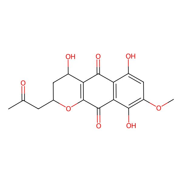 2D Structure of 4,6,9-trihydroxy-8-methoxy-2-(2-oxopropyl)-3,4-dihydro-2H-benzo[g]chromene-5,10-dione