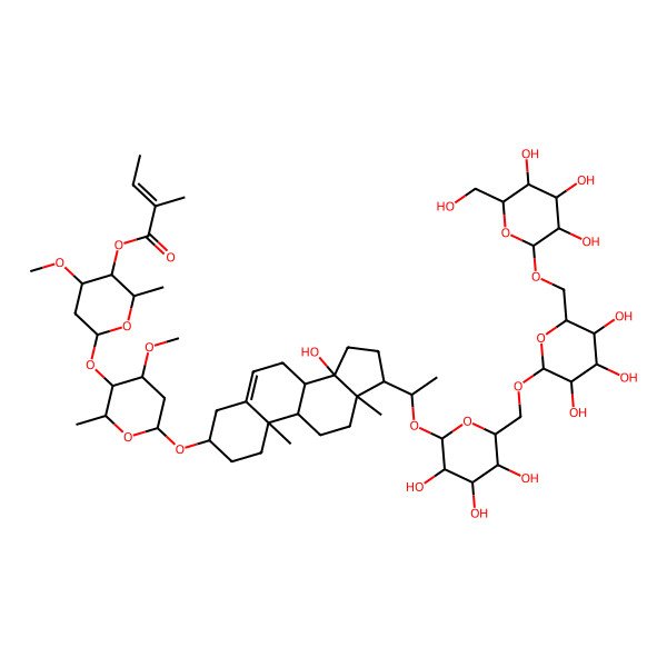 2D Structure of [(2R,3R,4R,6S)-6-[(2R,3R,4S,6R)-6-[[(3S,8R,9S,10R,13R,14S,17S)-14-hydroxy-10,13-dimethyl-17-[(1S)-1-[(2R,3R,4S,5R,6R)-3,4,5-trihydroxy-6-[[(2R,3R,4S,5R,6R)-3,4,5-trihydroxy-6-[[(2R,3R,4S,5R,6R)-3,4,5-trihydroxy-6-(hydroxymethyl)oxan-2-yl]oxymethyl]oxan-2-yl]oxymethyl]oxan-2-yl]oxyethyl]-1,2,3,4,7,8,9,11,12,15,16,17-dodecahydrocyclopenta[a]phenanthren-3-yl]oxy]-4-methoxy-2-methyloxan-3-yl]oxy-4-methoxy-2-methyloxan-3-yl] (E)-2-methylbut-2-enoate