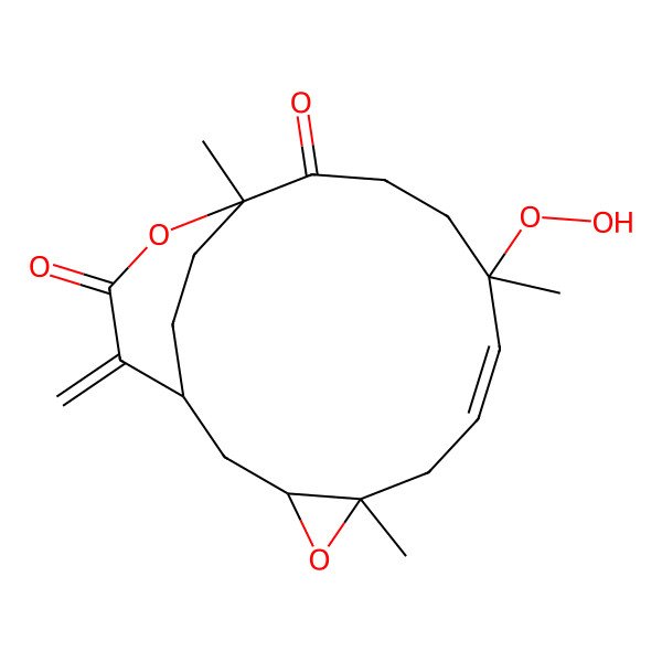 2D Structure of (1R,3S,5S,7E,9S,13R)-9-hydroperoxy-5,9,13-trimethyl-16-methylidene-4,14-dioxatricyclo[11.3.2.03,5]octadec-7-ene-12,15-dione