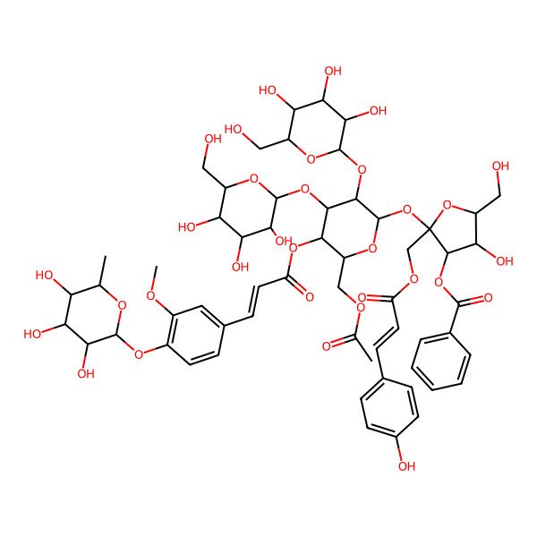 2D Structure of [(2S,3S,4R,5R)-2-[(2R,3R,4S,5R,6R)-6-(acetyloxymethyl)-5-[(E)-3-[3-methoxy-4-[(3R,4R,5R,6S)-3,4,5-trihydroxy-6-methyloxan-2-yl]oxyphenyl]prop-2-enoyl]oxy-3,4-bis[[(2S,3R,4S,5S,6R)-3,4,5-trihydroxy-6-(hydroxymethyl)oxan-2-yl]oxy]oxan-2-yl]oxy-4-hydroxy-5-(hydroxymethyl)-2-[[(E)-3-(4-hydroxyphenyl)prop-2-enoyl]oxymethyl]oxolan-3-yl] benzoate
