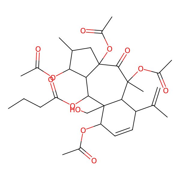 2D Structure of [1,3a,5,9-Tetraacetyloxy-9a-(hydroxymethyl)-2,5-dimethyl-4-oxo-6-prop-1-en-2-yl-1,2,3,5a,6,9,10,10a-octahydrobenzo[f]azulen-10-yl] butanoate
