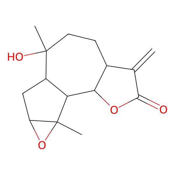 2D Structure of (1S,2S,6S,9R,10R,12S,14R)-9-hydroxy-9,14-dimethyl-5-methylidene-3,13-dioxatetracyclo[8.4.0.02,6.012,14]tetradecan-4-one