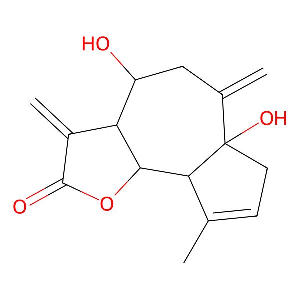 2D Structure of 4,6a-Dihydroxy-9-methyl-3,6-dimethylidene-3a,4,5,7,9a,9b-hexahydroazuleno[4,5-b]furan-2-one