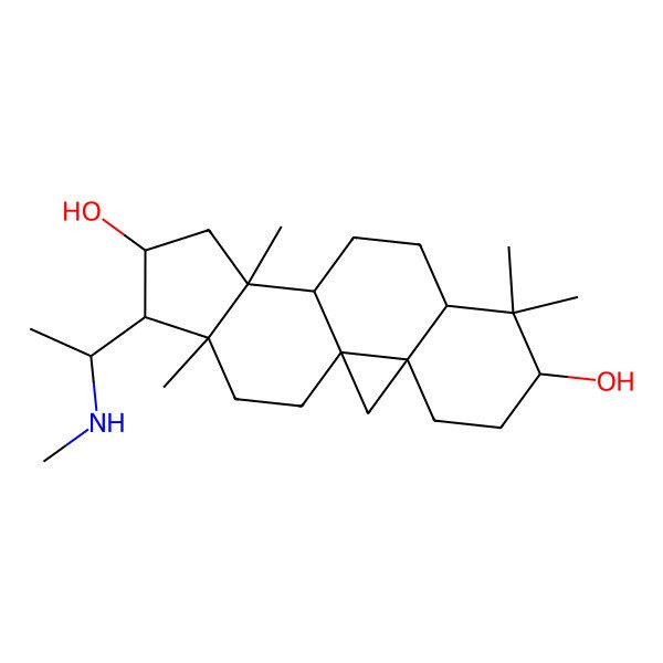 2D Structure of (1S,3R,6S,8R,11S,12S,14R,15S,16R)-7,7,12,16-tetramethyl-15-[(1R)-1-(methylamino)ethyl]pentacyclo[9.7.0.01,3.03,8.012,16]octadecane-6,14-diol