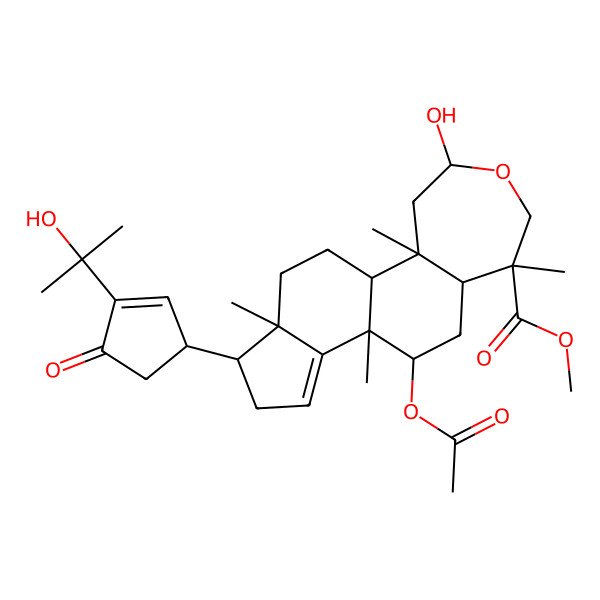 2D Structure of Methyl 10-acetyloxy-4-hydroxy-15-[3-(2-hydroxypropan-2-yl)-4-oxocyclopent-2-en-1-yl]-2,7,11,16-tetramethyl-5-oxatetracyclo[9.7.0.02,8.012,16]octadec-12-ene-7-carboxylate