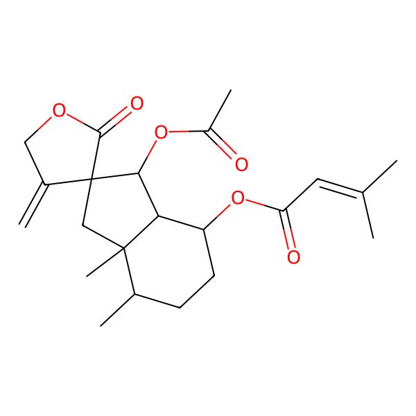 2D Structure of [(2R,3R,3aR,4S,7S,7aR)-3-acetyloxy-7,7a-dimethyl-4'-methylidene-2'-oxospiro[3,3a,4,5,6,7-hexahydro-1H-indene-2,3'-oxolane]-4-yl] 3-methylbut-2-enoate