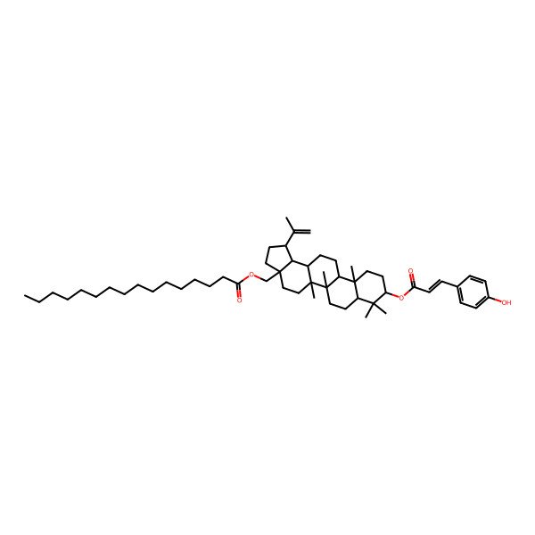 2D Structure of [9-[3-(4-Hydroxyphenyl)prop-2-enoyloxy]-5a,5b,8,8,11a-pentamethyl-1-prop-1-en-2-yl-1,2,3,4,5,6,7,7a,9,10,11,11b,12,13,13a,13b-hexadecahydrocyclopenta[a]chrysen-3a-yl]methyl hexadecanoate