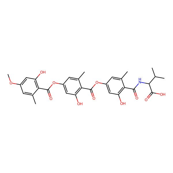 2D Structure of (2S)-2-[[2-Hydroxy-4-[2-hydroxy-4-(2-hydroxy-4-methoxy-6-methylbenzoyl)oxy-6-methylbenzoyl]oxy-6-methylbenzoyl]amino]-3-methylbutanoic acid