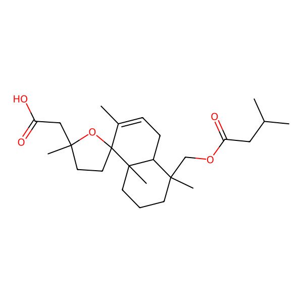 2D Structure of 2-[(2'S,4R,4aS,8R,8aS)-2',4,7,8a-tetramethyl-4-(3-methylbutanoyloxymethyl)spiro[2,3,4a,5-tetrahydro-1H-naphthalene-8,5'-oxolane]-2'-yl]acetic acid