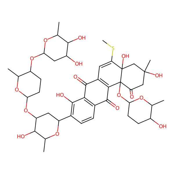 2D Structure of (3S,4aR,12bR)-9-[(2S,4R,5R,6S)-4-[(2S,5R,6S)-5-[(2R,4S,5S,6S)-4,5-dihydroxy-6-methyloxan-2-yl]oxy-6-methyloxan-2-yl]oxy-5-hydroxy-6-methyloxan-2-yl]-3,4a,8-trihydroxy-12b-[(2R,5R,6S)-5-hydroxy-6-methyloxan-2-yl]oxy-3-methyl-5-methylsulfanyl-2,4-dihydrobenzo[a]anthracene-1,7,12-trione