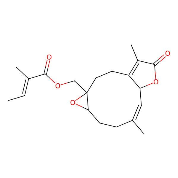 2D Structure of (9,14-Dimethyl-13-oxo-5,12-dioxatricyclo[9.3.0.04,6]tetradeca-1(14),9-dien-4-yl)methyl 2-methylbut-2-enoate