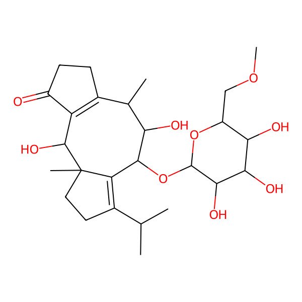 2D Structure of 2,9-Dihydroxy-1,8-dimethyl-12-propan-2-yl-10-[3,4,5-trihydroxy-6-(methoxymethyl)oxan-2-yl]oxytricyclo[9.3.0.03,7]tetradeca-3(7),11-dien-4-one