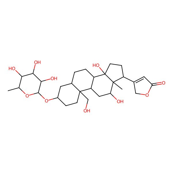 2D Structure of 3-[12,14-dihydroxy-10-(hydroxymethyl)-13-methyl-3-(3,4,5-trihydroxy-6-methyloxan-2-yl)oxy-1,2,3,4,5,6,7,8,9,11,12,15,16,17-tetradecahydrocyclopenta[a]phenanthren-17-yl]-2H-furan-5-one