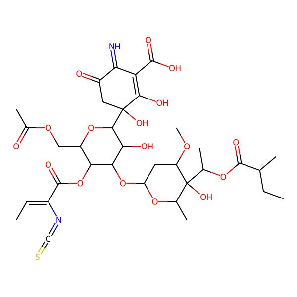 2D Structure of (3S)-3-[(2R,3R,4S,5R,6R)-6-(acetyloxymethyl)-3-hydroxy-4-[(2R,4S,5S,6S)-5-hydroxy-4-methoxy-6-methyl-5-[(1R)-1-[(2S)-2-methylbutanoyl]oxyethyl]oxan-2-yl]oxy-5-[(E)-2-isothiocyanatobut-2-enoyl]oxyoxan-2-yl]-2,3-dihydroxy-6-imino-5-oxocyclohexene-1-carboxylic acid
