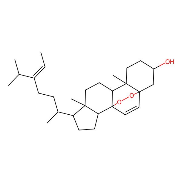 2D Structure of 6,10-Dimethyl-5-(5-propan-2-ylhept-5-en-2-yl)-16,17-dioxapentacyclo[13.2.2.01,9.02,6.010,15]nonadec-18-en-13-ol
