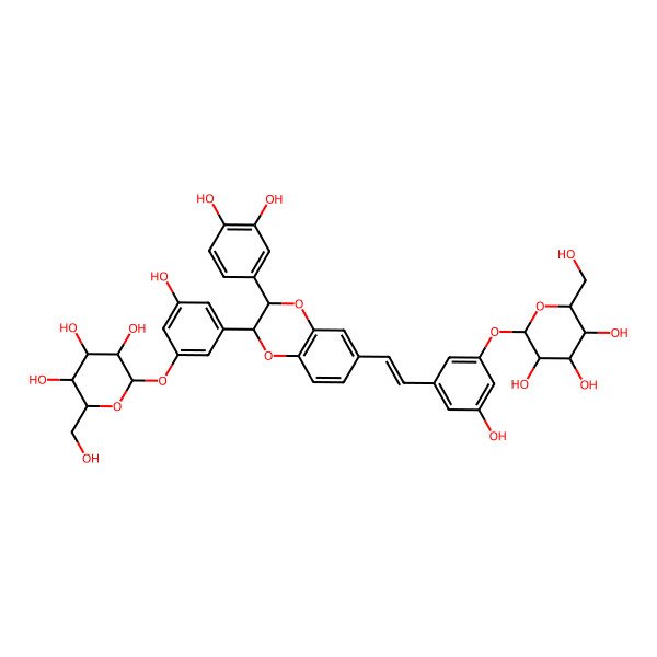 2D Structure of (2S,3R,4S,5S,6R)-2-[3-[(E)-2-[(2R,3R)-3-(3,4-dihydroxyphenyl)-2-[3-hydroxy-5-[(2S,3R,4S,5S,6R)-3,4,5-trihydroxy-6-(hydroxymethyl)oxan-2-yl]oxyphenyl]-2,3-dihydro-1,4-benzodioxin-6-yl]ethenyl]-5-hydroxyphenoxy]-6-(hydroxymethyl)oxane-3,4,5-triol
