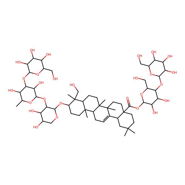 2D Structure of [(2S,3R,4R,5S,6R)-3,4-dihydroxy-6-(hydroxymethyl)-5-[(2S,3R,4S,5S,6R)-3,4,5-trihydroxy-6-(hydroxymethyl)oxan-2-yl]oxyoxan-2-yl] (4aS,6aR,6aS,6bR,8aR,9R,10S,12aR,14bR)-10-[(2S,3R,4S,5R)-3-[(2S,3R,4R,5S,6S)-3,5-dihydroxy-6-methyl-4-[(2S,3R,4S,5S,6R)-3,4,5-trihydroxy-6-(hydroxymethyl)oxan-2-yl]oxyoxan-2-yl]oxy-4,5-dihydroxyoxan-2-yl]oxy-9-(hydroxymethyl)-2,2,6a,6b,9,12a-hexamethyl-1,3,4,5,6,6a,7,8,8a,10,11,12,13,14b-tetradecahydropicene-4a-carboxylate