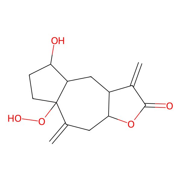 2D Structure of (3aR,5aR,8R,8aS)-5a-hydroperoxy-8-hydroxy-1,5-dimethylidene-3a,4,6,7,8,8a,9,9a-octahydroazuleno[6,5-b]furan-2-one