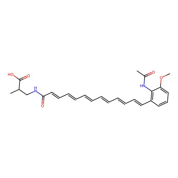 2D Structure of (2R)-3-[[(2E,4E,6E,8E,10E,12E)-13-(2-acetamido-3-methoxyphenyl)trideca-2,4,6,8,10,12-hexaenoyl]amino]-2-methylpropanoic acid
