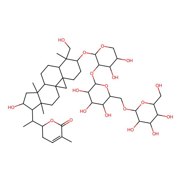 2D Structure of (2S)-2-[(1S)-1-[(1S,3R,6S,7R,8R,11S,12S,14R,15R,16R)-6-[(2S,3R,4S,5S)-4,5-dihydroxy-3-[(2S,3R,4S,5S,6R)-3,4,5-trihydroxy-6-[[(2R,3R,4S,5S,6R)-3,4,5-trihydroxy-6-(hydroxymethyl)oxan-2-yl]oxymethyl]oxan-2-yl]oxyoxan-2-yl]oxy-14-hydroxy-7-(hydroxymethyl)-7,12,16-trimethyl-15-pentacyclo[9.7.0.01,3.03,8.012,16]octadecanyl]ethyl]-5-methyl-2,3-dihydropyran-6-one