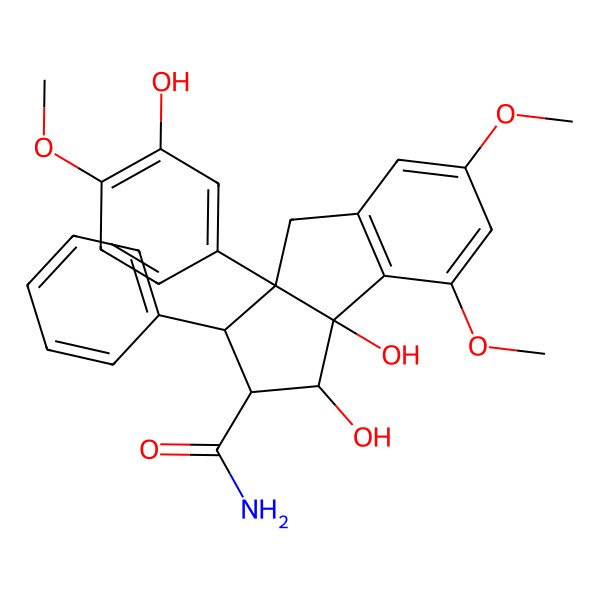 2D Structure of (1R,2R,3S,3aS,8bS)-1,8b-dihydroxy-3a-(3-hydroxy-4-methoxyphenyl)-6,8-dimethoxy-3-phenyl-1,2,3,4-tetrahydrocyclopenta[a]indene-2-carboxamide
