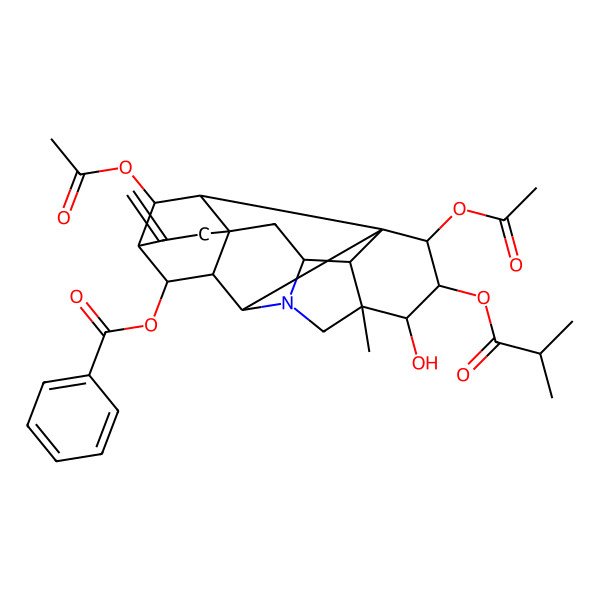 2D Structure of [(1R,2S,3S,4S,5S,8R,9S,11R,14R,16S,17R,18R,19S)-2,19-diacetyloxy-4-hydroxy-5-methyl-12-methylidene-3-(2-methylpropanoyloxy)-7-azaheptacyclo[9.6.2.01,8.05,17.07,16.09,14.014,18]nonadecan-10-yl] benzoate