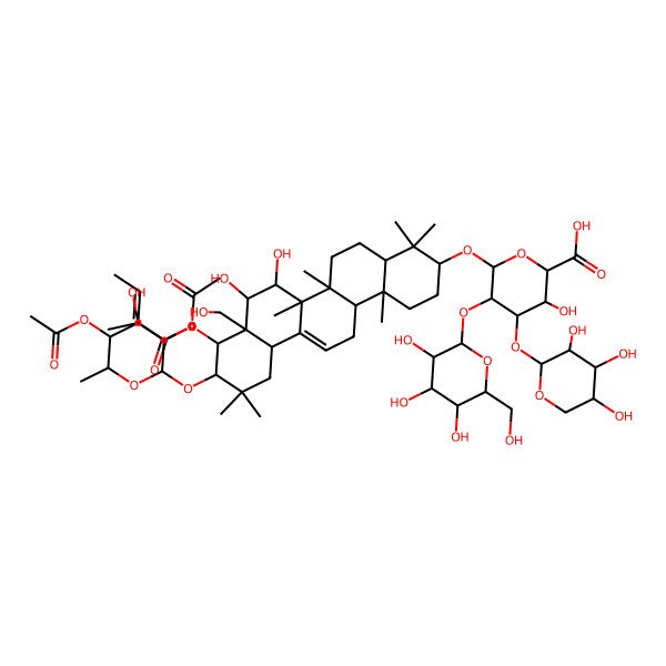 2D Structure of (2S,3S,4S,5R,6R)-6-[[(3S,4aR,6aR,6bS,7R,8S,8aR,9R,10R,12aS,14aR,14bR)-10-[(2S,3R,4R,5R,6S)-3,5-diacetyloxy-4-hydroxy-6-methyloxan-2-yl]oxy-7,8-dihydroxy-8a-(hydroxymethyl)-4,4,6a,6b,11,11,14b-heptamethyl-9-[(Z)-2-methylbut-2-enoyl]oxy-1,2,3,4a,5,6,7,8,9,10,12,12a,14,14a-tetradecahydropicen-3-yl]oxy]-3-hydroxy-5-[(2S,3R,4S,5S,6R)-3,4,5-trihydroxy-6-(hydroxymethyl)oxan-2-yl]oxy-4-[(2S,3R,4S,5S)-3,4,5-trihydroxyoxan-2-yl]oxyoxane-2-carboxylic acid