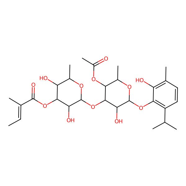2D Structure of [2-[5-Acetyloxy-3-hydroxy-2-(2-hydroxy-3-methyl-6-propan-2-ylphenoxy)-6-methyloxan-4-yl]oxy-3,5-dihydroxy-6-methyloxan-4-yl] 2-methylbut-2-enoate