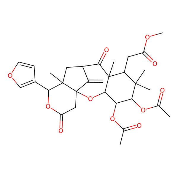 2D Structure of methyl 2-[(1R,3S,4S,5R,7R,8S,10R,12R,13R)-4,5-diacetyloxy-13-(furan-3-yl)-6,6,8,12-tetramethyl-17-methylidene-9,15-dioxo-2,14-dioxatetracyclo[8.6.1.01,12.03,8]heptadecan-7-yl]acetate