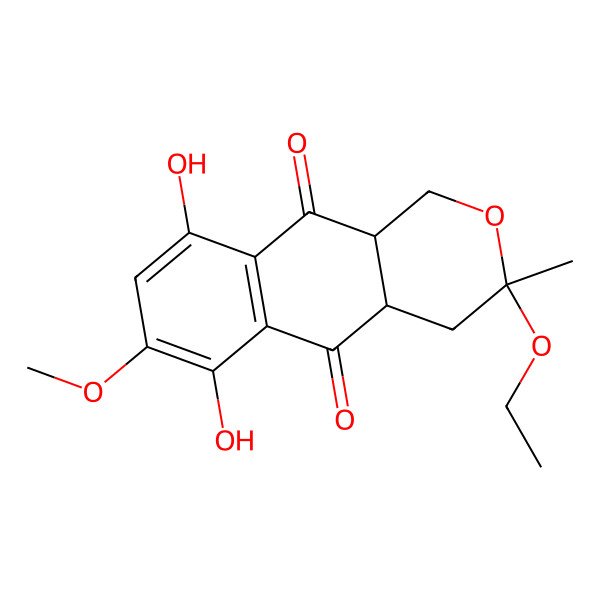 2D Structure of (3R,4aR,10aS)-3-ethoxy-6,9-dihydroxy-7-methoxy-3-methyl-1,4,4a,10a-tetrahydrobenzo[g]isochromene-5,10-dione