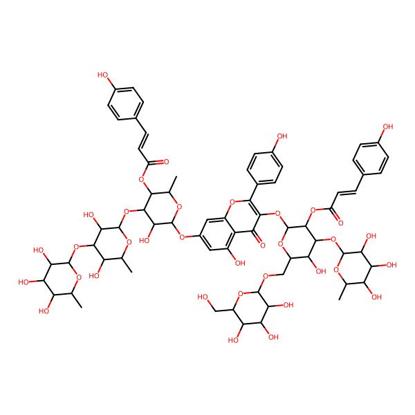 2D Structure of [(2S,3S,4S,5R,6S)-4-[(2S,3R,4R,5S,6S)-3,5-dihydroxy-6-methyl-4-[(2S,3R,4R,5R,6S)-3,4,5-trihydroxy-6-methyloxan-2-yl]oxyoxan-2-yl]oxy-5-hydroxy-6-[5-hydroxy-3-[(2S,3R,4S,5R,6R)-5-hydroxy-3-[(E)-3-(4-hydroxyphenyl)prop-2-enoyl]oxy-6-[[(2R,3R,4S,5S,6R)-3,4,5-trihydroxy-6-(hydroxymethyl)oxan-2-yl]oxymethyl]-4-[(2S,3R,4R,5R,6S)-3,4,5-trihydroxy-6-methyloxan-2-yl]oxyoxan-2-yl]oxy-2-(4-hydroxyphenyl)-4-oxochromen-7-yl]oxy-2-methyloxan-3-yl] (E)-3-(4-hydroxyphenyl)prop-2-enoate
