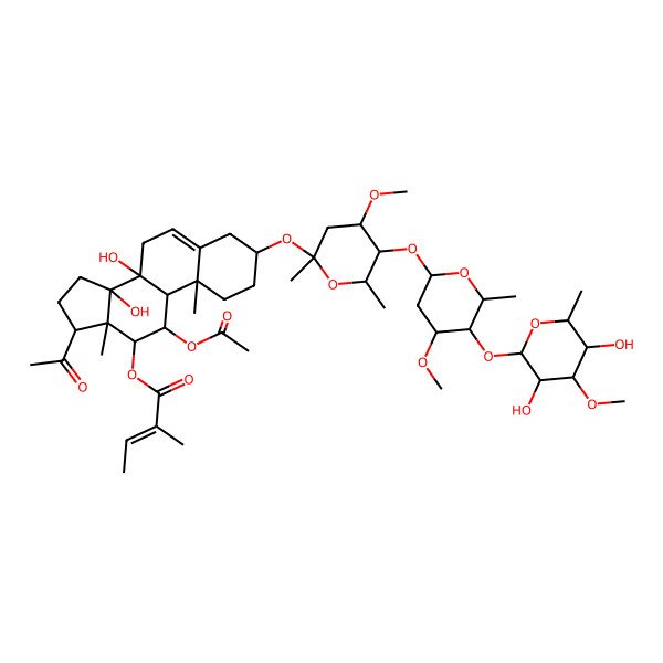 2D Structure of [(3S,8S,10R,11S,12S,13S,14R,17R)-17-acetyl-11-acetyloxy-3-[5-[5-(3,5-dihydroxy-4-methoxy-6-methyloxan-2-yl)oxy-4-methoxy-6-methyloxan-2-yl]oxy-4-methoxy-2,6-dimethyloxan-2-yl]oxy-8,14-dihydroxy-10,13-dimethyl-2,3,4,7,9,11,12,15,16,17-decahydro-1H-cyclopenta[a]phenanthren-12-yl] (E)-2-methylbut-2-enoate
