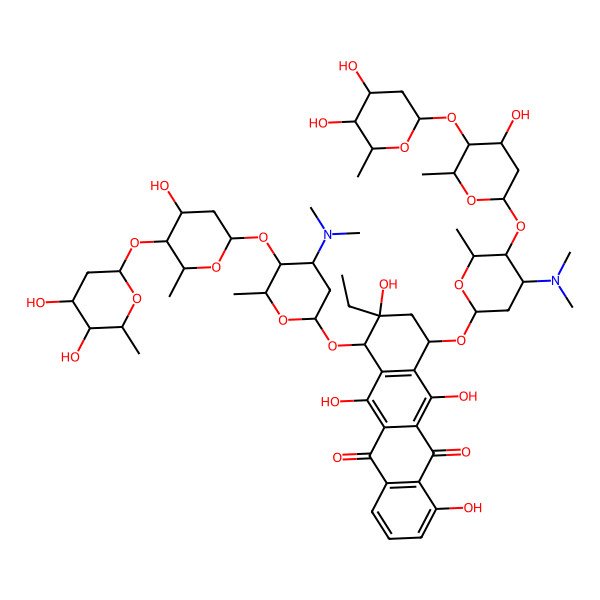 2D Structure of 7,10-bis[[5-[5-(4,5-dihydroxy-6-methyloxan-2-yl)oxy-4-hydroxy-6-methyloxan-2-yl]oxy-4-(dimethylamino)-6-methyloxan-2-yl]oxy]-9-ethyl-4,6,9,11-tetrahydroxy-8,10-dihydro-7H-tetracene-5,12-dione