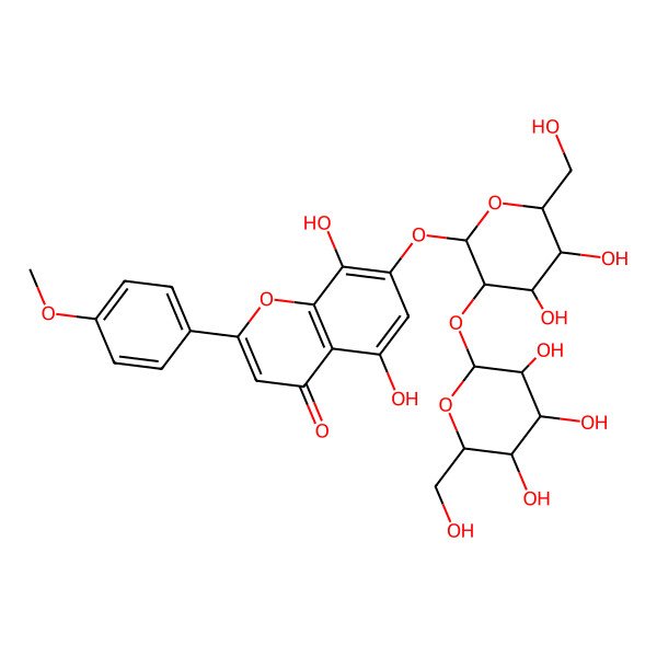 2D Structure of 7-[(2S,4S,5S,6R)-4,5-dihydroxy-6-(hydroxymethyl)-3-[(2S,3R,4R,5S,6R)-3,4,5-trihydroxy-6-(hydroxymethyl)oxan-2-yl]oxyoxan-2-yl]oxy-5,8-dihydroxy-2-(4-methoxyphenyl)chromen-4-one