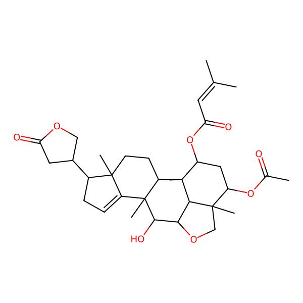 2D Structure of [(1R,2S,5S,6S,10R,11S,12R,15R,16R,18S,19R)-16-acetyloxy-11-hydroxy-1,5,10,15-tetramethyl-6-[(3S)-5-oxooxolan-3-yl]-13-oxapentacyclo[10.6.1.02,10.05,9.015,19]nonadec-8-en-18-yl] 3-methylbut-2-enoate