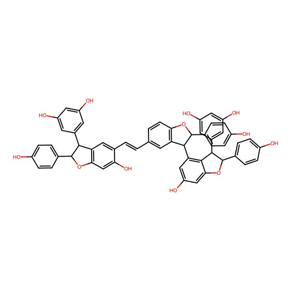 2D Structure of 5-[(2S,3S)-5-[(E)-2-[(2R,3S)-3-[(2R,3R)-3-(3,5-dihydroxyphenyl)-6-hydroxy-2-(4-hydroxyphenyl)-2,3-dihydro-1-benzofuran-4-yl]-2-(4-hydroxyphenyl)-2,3-dihydro-1-benzofuran-5-yl]ethenyl]-6-hydroxy-2-(4-hydroxyphenyl)-2,3-dihydro-1-benzofuran-3-yl]benzene-1,3-diol