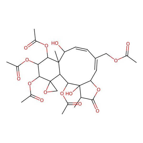 2D Structure of [(1S,2S,3S,4R,7S,8E,10Z,12S,13S,14R,15R,16R,17R)-2,14,15,16-tetraacetyloxy-3,12-dihydroxy-4,13-dimethyl-5-oxospiro[6-oxatricyclo[11.4.0.03,7]heptadeca-8,10-diene-17,2'-oxirane]-9-yl]methyl acetate