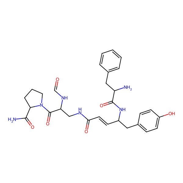 2D Structure of (2S)-1-[(2S)-3-[[(E,4S)-4-[[(2R)-2-amino-3-phenylpropanoyl]amino]-5-(4-hydroxyphenyl)pent-2-enoyl]amino]-2-formamidopropanoyl]pyrrolidine-2-carboxamide
