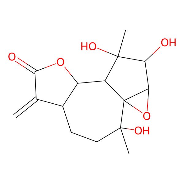 2D Structure of (1R,2R,5S,9S,10S,11R,12R,13S)-2,11,12-trihydroxy-2,11-dimethyl-6-methylidene-8,14-dioxatetracyclo[8.4.0.01,13.05,9]tetradecan-7-one
