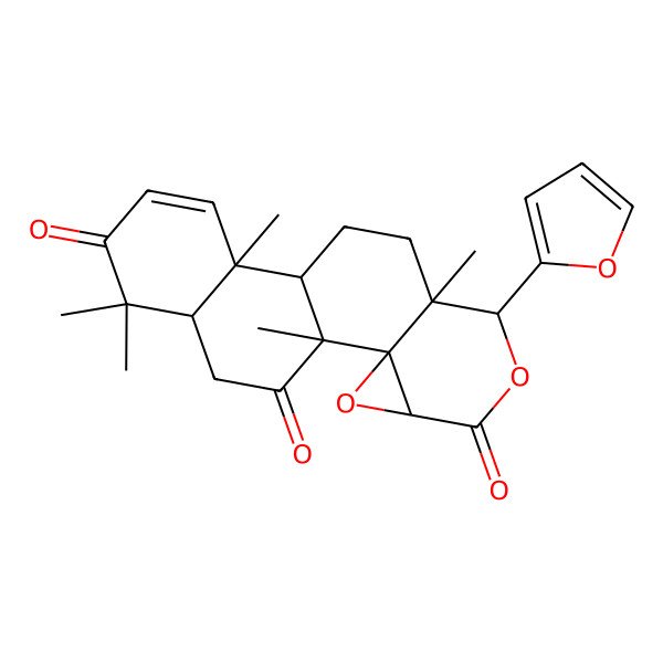2D Structure of (1R,2R,4S,7R,8S,11R,12S,17R)-7-(furan-2-yl)-1,8,12,16,16-pentamethyl-3,6-dioxapentacyclo[9.8.0.02,4.02,8.012,17]nonadec-13-ene-5,15,19-trione