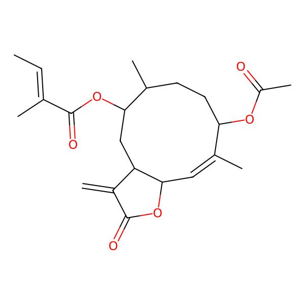 2D Structure of (9-Acetyloxy-6,10-dimethyl-3-methylidene-2-oxo-3a,4,5,6,7,8,9,11a-octahydrocyclodeca[b]furan-5-yl) 2-methylbut-2-enoate
