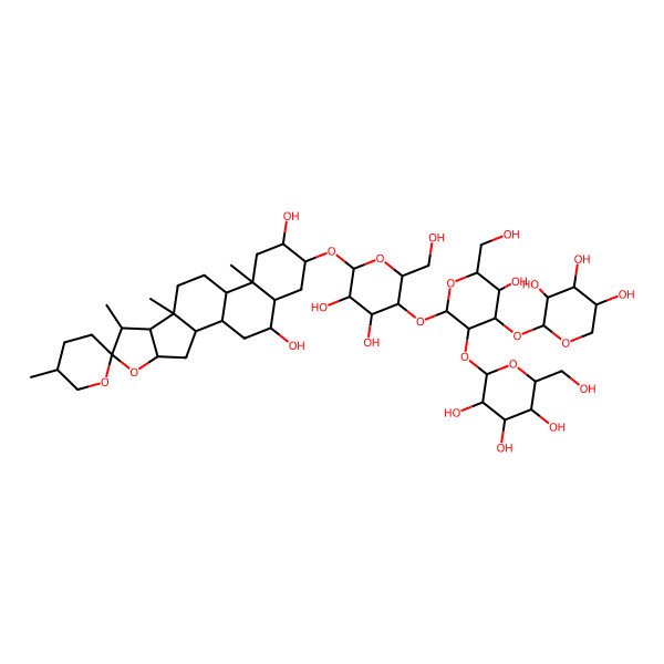 2D Structure of (2S,3R,4S,5S,6R)-2-[(2S,3R,4S,5R,6R)-2-[(2R,3R,4R,5R,6R)-6-[(1R,2S,4S,5'S,6R,7S,8R,9S,12S,13R,15R,16R,18S,19R)-15,19-dihydroxy-5',7,9,13-tetramethylspiro[5-oxapentacyclo[10.8.0.02,9.04,8.013,18]icosane-6,2'-oxane]-16-yl]oxy-4,5-dihydroxy-2-(hydroxymethyl)oxan-3-yl]oxy-5-hydroxy-6-(hydroxymethyl)-4-[(2S,3R,4S,5R)-3,4,5-trihydroxyoxan-2-yl]oxyoxan-3-yl]oxy-6-(hydroxymethyl)oxane-3,4,5-triol